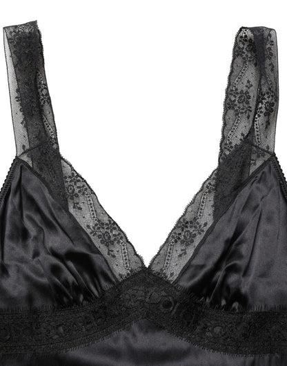 Dolce & Gabbana Schwarzes Seiden-Camisole mit Spitzenbesatz und V-Ausschnitt