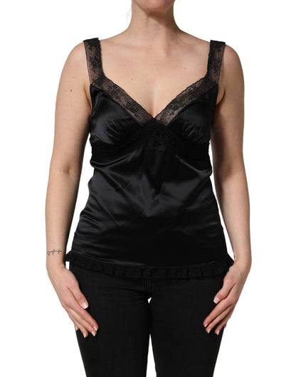 Dolce & Gabbana Schwarzes Seiden-Camisole mit Spitzenbesatz und V-Ausschnitt