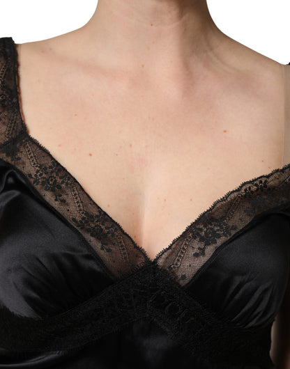 Dolce & Gabbana Schwarzes Seiden-Camisole mit Spitzenbesatz und V-Ausschnitt