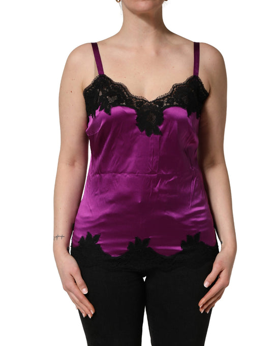 Dolce & Gabbana Lila Seiden-Camisole mit Spitzenbesatz, ärmellos