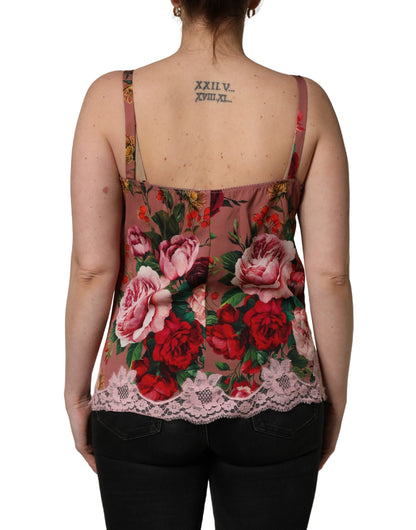 Dolce & Gabbana Braunes Satin-Spitzentop mit Rosenprint