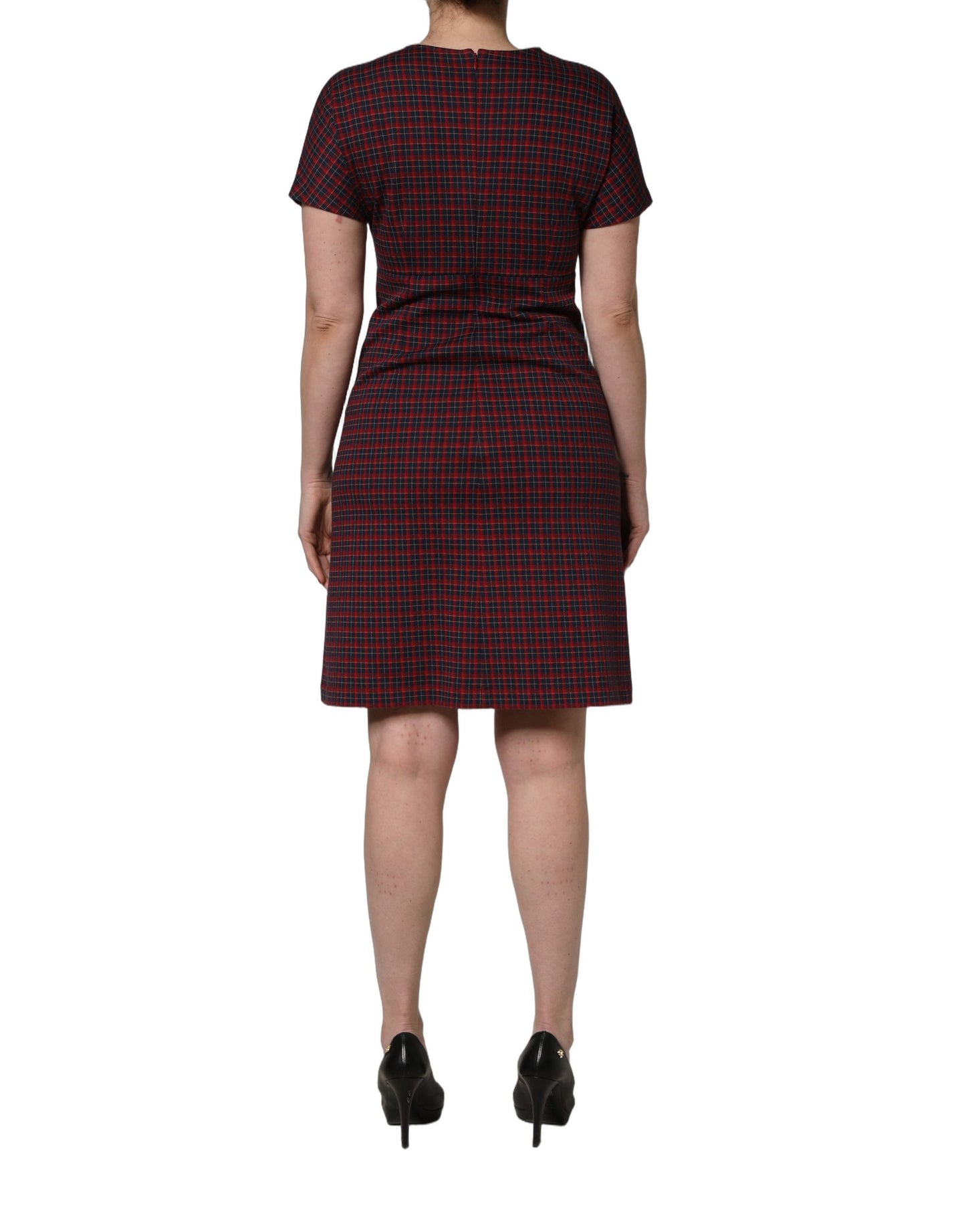 Dolce & Gabbana Kurzes Etuikleid mit kurzen Ärmeln und rot-schwarzem Karomuster