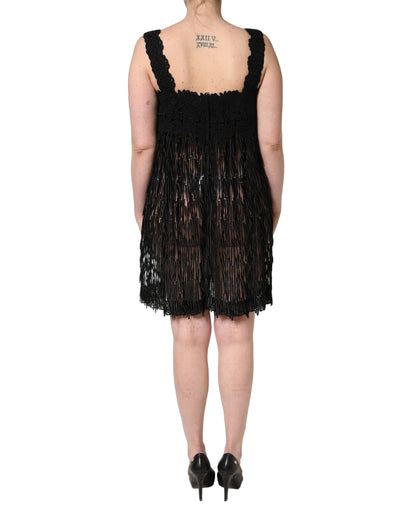 Dolce & Gabbana Elegantes schwarzes ärmelloses Minikleid aus Viskose mit Fransen