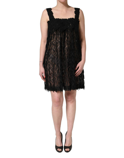 Dolce & Gabbana Elegantes schwarzes ärmelloses Minikleid aus Viskose mit Fransen