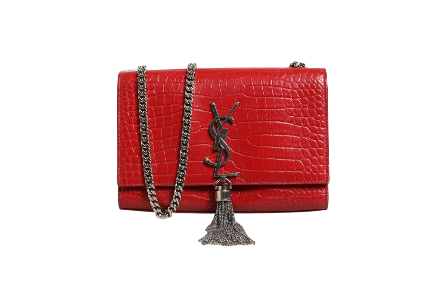 Saint Laurent Kate Tassel Umhängetasche aus rotem Krokodil-Prägeleder