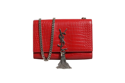 Saint Laurent Kate Tassel Umhängetasche aus rotem Krokodil-Prägeleder