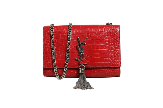 Saint Laurent Kate Tassel Umhängetasche aus rotem Krokodil-Prägeleder