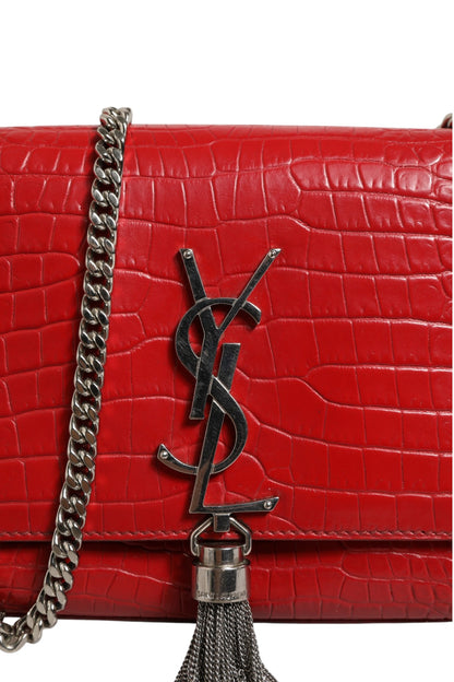 Saint Laurent Kate Tassel Umhängetasche aus rotem Krokodil-Prägeleder