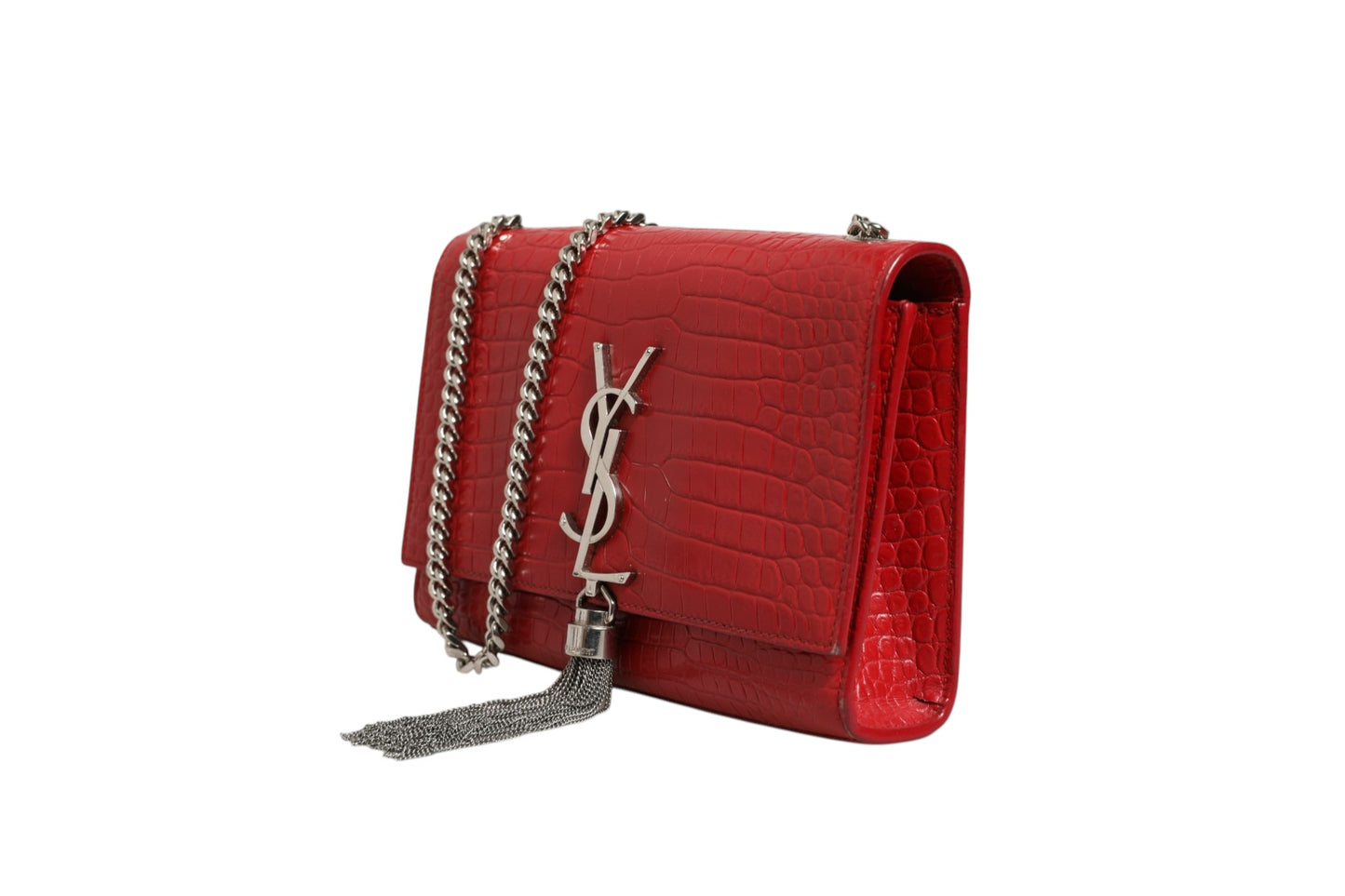 Saint Laurent Kate Tassel Umhängetasche aus rotem Krokodil-Prägeleder