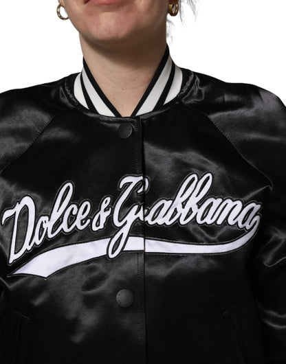 Dolce & Gabbana Schwarze Satin-Bomberjacke mit Blumenstickerei