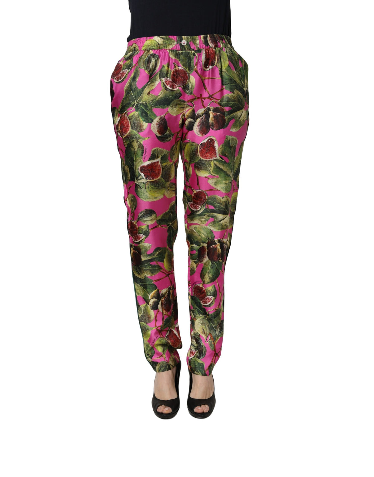 Dolce & Gabbana Fuchsia Seidenhose mit Feigenblatt-Muster