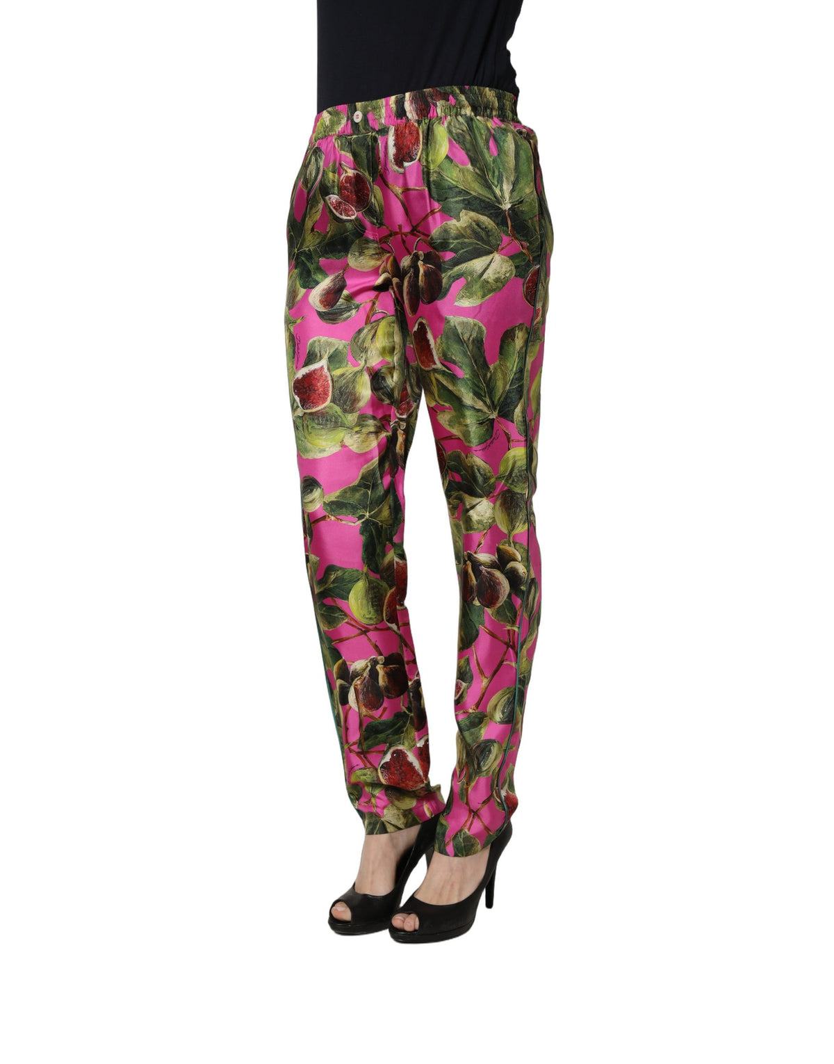 Dolce & Gabbana Fuchsia Seidenhose mit Feigenblatt-Muster