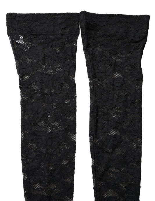 Dolce & Gabbana Schwarze Strümpfe mit floraler Spitze bis zum Oberschenkel