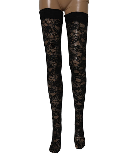 Dolce & Gabbana Schwarze Strümpfe mit floraler Spitze bis zum Oberschenkel