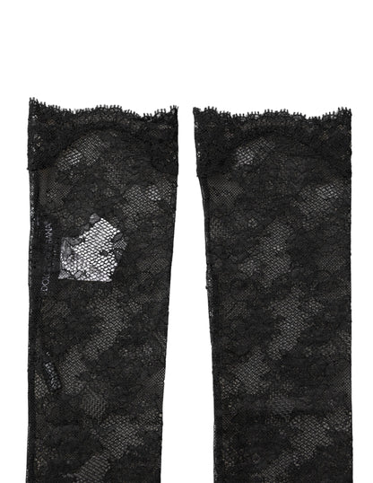 Dolce & Gabbana Schwarze Kniestrümpfe aus floraler Spitze mit Stretch-Nylon