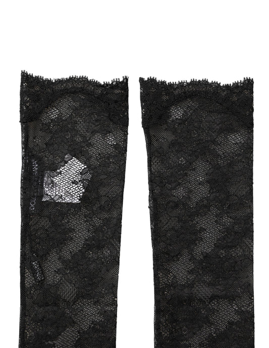 Dolce & Gabbana Schwarze Kniestrümpfe aus floraler Spitze mit Stretch-Nylon