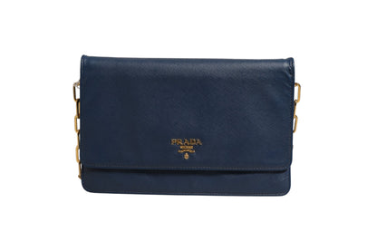 Prada Blaue Saffiano Leder Wallet on Chain Clutch Bag