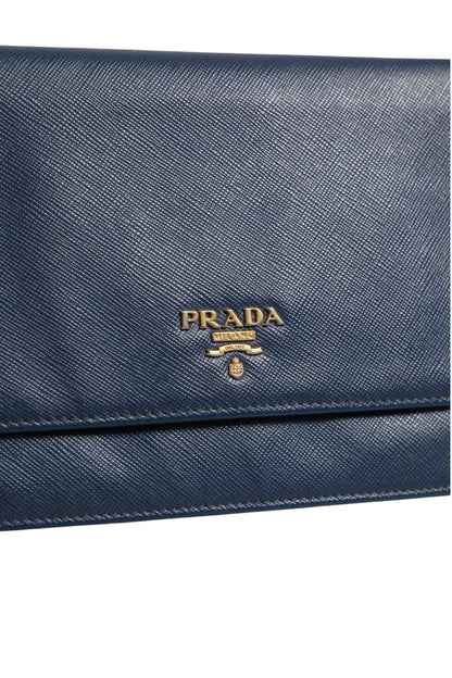 Prada Blaue Saffiano Leder Wallet on Chain Clutch Bag