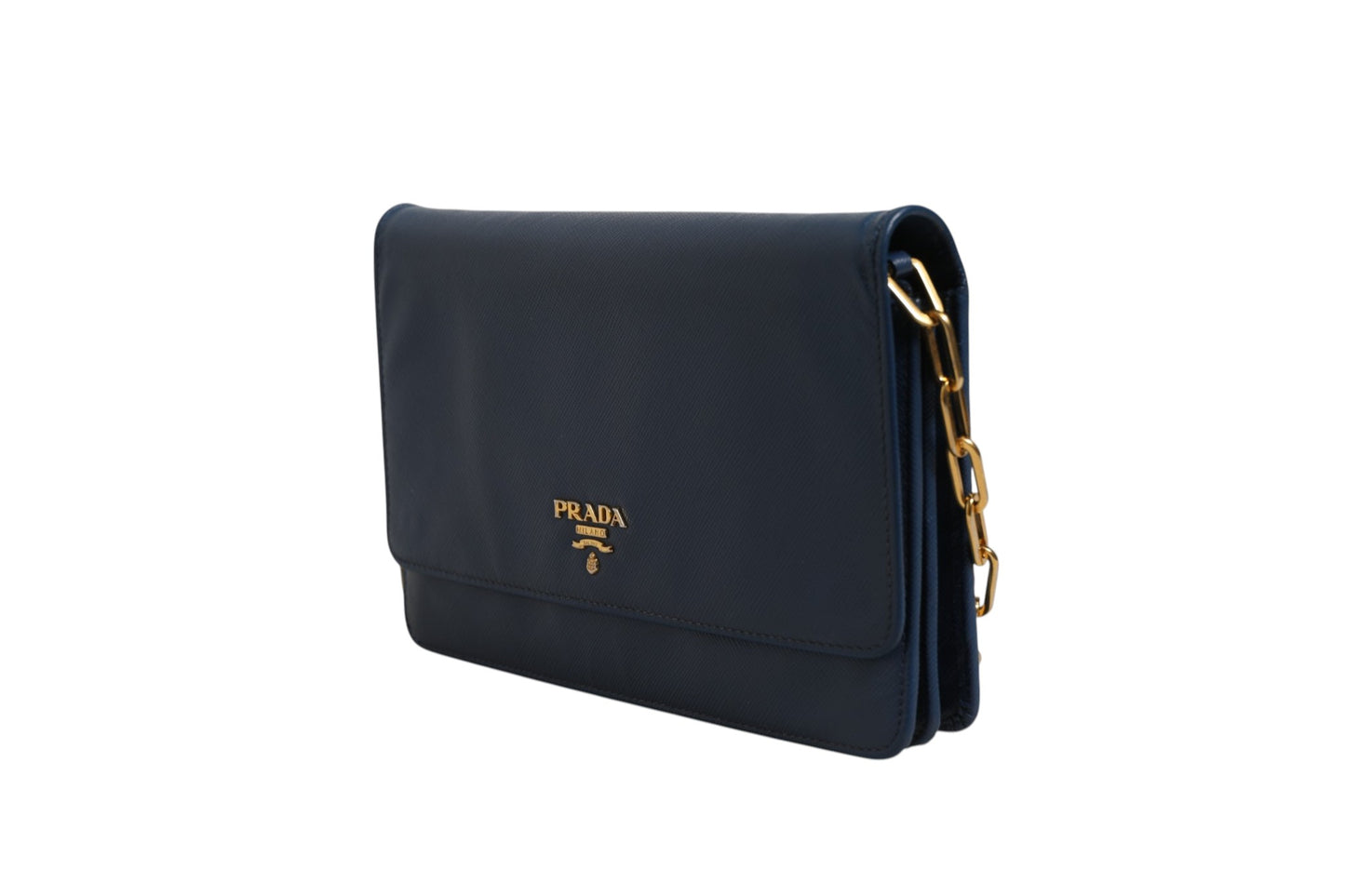 Prada Blaue Saffiano Leder Wallet on Chain Clutch Bag