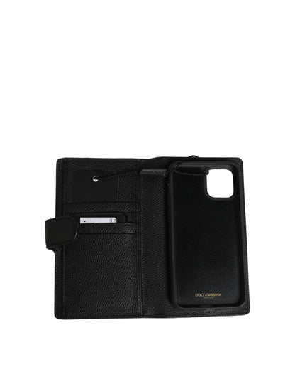 Dolce & Gabbana Case Flip Cover Schwarz Kalbsleder iPhone 11 Pro Handyhülle