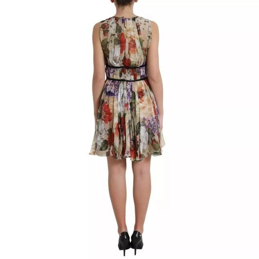 Dolce & Gabbana Beigefarbenes ärmelloses Minikleid in A-Linie mit Blumenmuster