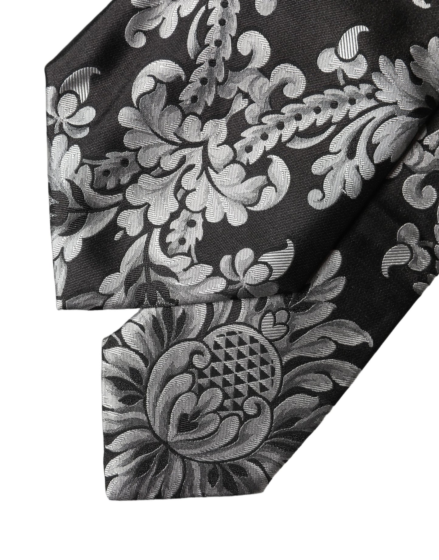 Dolce & Gabbana Schwarze Seiden-Halsschleife mit silbernem Blumenmuster, verstellbar für Damen