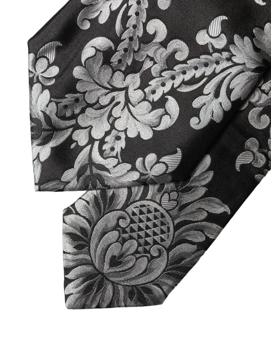 Dolce & Gabbana Schwarze Seiden-Halsschleife mit silbernem Blumenmuster, verstellbar für Damen