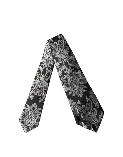 Dolce & Gabbana Schwarze Seiden-Halsschleife mit silbernem Blumenmuster, verstellbar für Damen