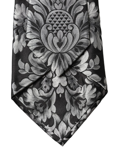 Dolce & Gabbana Schwarze Seiden-Halsschleife mit silbernem Blumenmuster, verstellbar für Damen