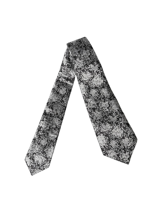Dolce & Gabbana Schwarze Seiden-Halsschleife mit silbernem Blumenmuster, verstellbar für Damen