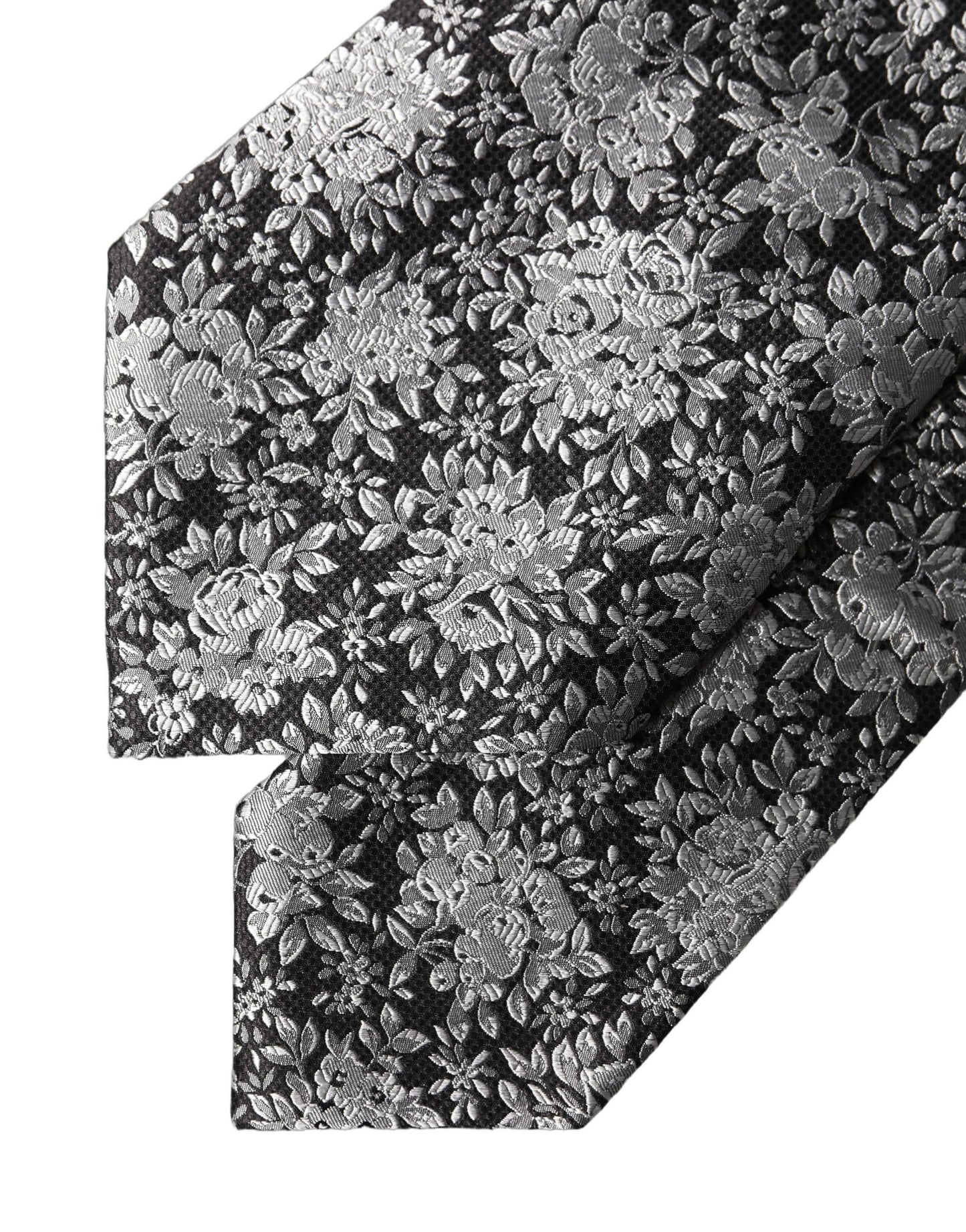 Dolce & Gabbana Schwarze Seiden-Halsschleife mit silbernem Blumenmuster, verstellbar für Damen