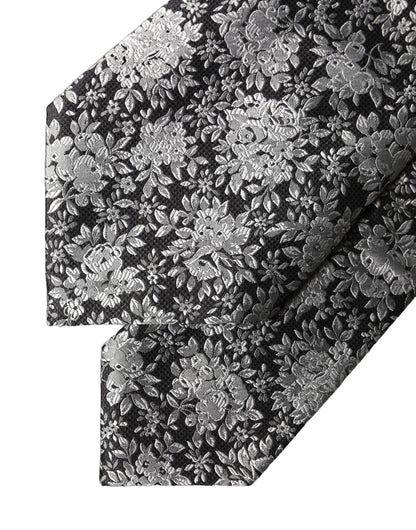 Dolce & Gabbana Schwarze Seiden-Halsschleife mit silbernem Blumenmuster, verstellbar für Damen