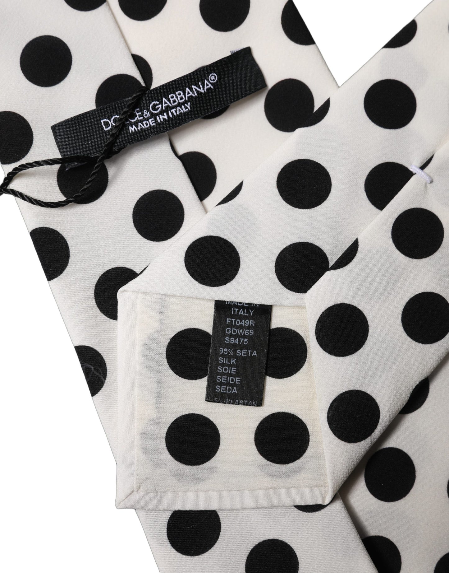 Dolce & Gabbana Weiße schwarze gepunktete Seiden-Krawatte für Damen, verstellbar