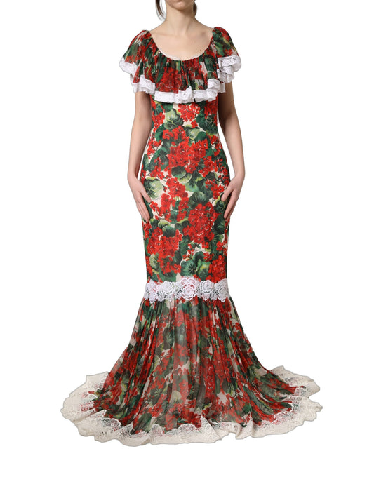 Dolce & Gabbana Mehrfarbiges Geranium-Spitzen-Maxikleid