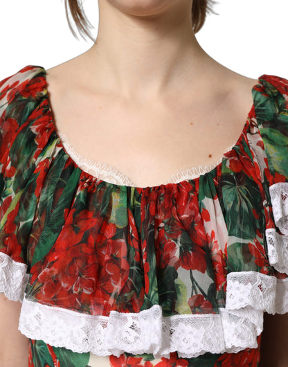 Dolce & Gabbana Multicolor Geranium Flower Spitzen-Maxikleid
