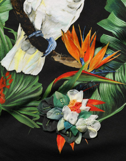 Dolce & Gabbana Schwarzes Baumwoll-T-Shirt mit tropischem Print und Rundhalsausschnitt