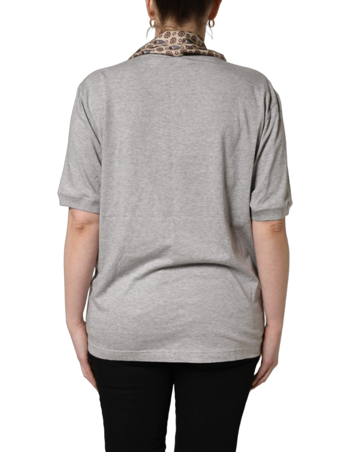 Dolce & Gabbana Graues Baumwoll-T-Shirt mit V-Ausschnitt und Seidenschal-Detail