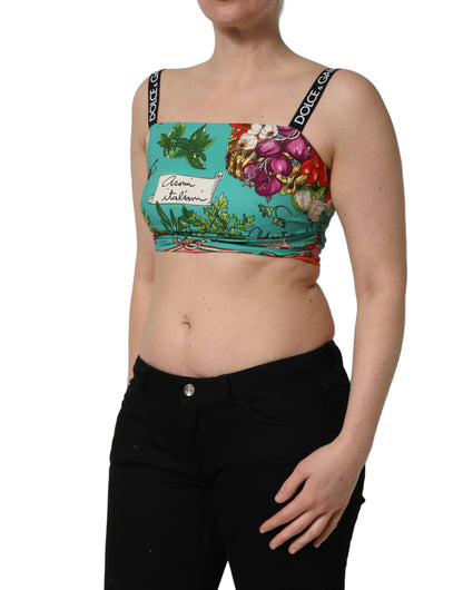 Dolce & Gabbana Türkisfarbener Seiden-Crop-Top mit Gemüseprint