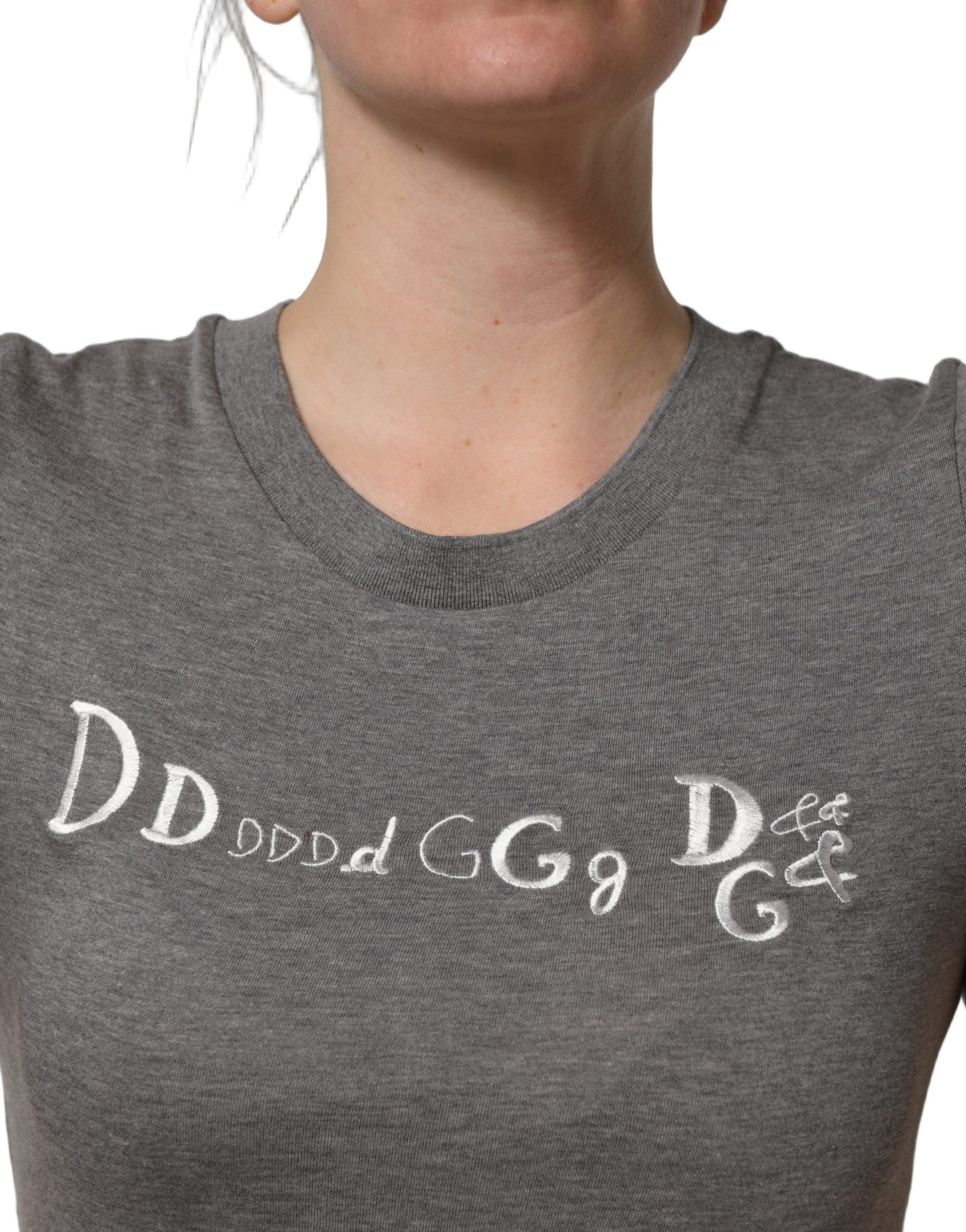 Dolce & Gabbana Graues Kurzarm-T-Shirt mit Logo-Stickerei