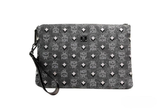 MCM Veritas Medium Dark Grey Denim Monogram Logo Canvas Clutch Pouch Handbag