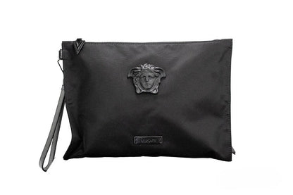 Versace Große schwarze Nylon-Pochette mit Medusa-Motiv, als Clutch und Handgelenktasche tragbar