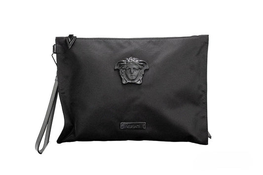 Versace Große schwarze Nylon-Pochette mit Medusa-Motiv, als Clutch und Handgelenktasche tragbar