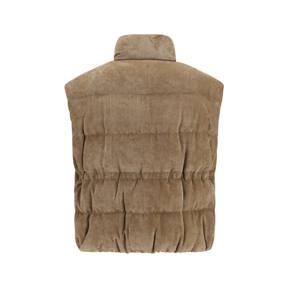 Gilet imbottito beige in misto viscosa e cashmere di Brunello Cucinelli
