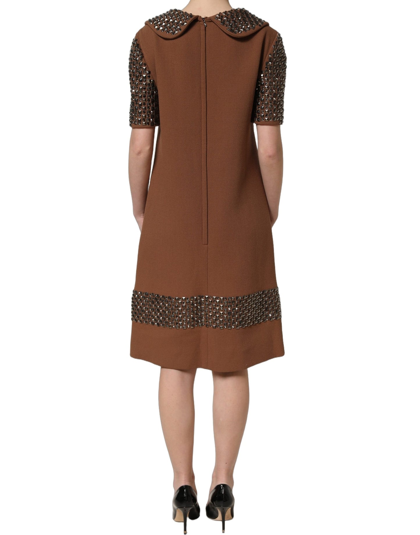 Dolce & Gabbana Braunes Wollkleid mit Strassbesatz, Midi-Länge