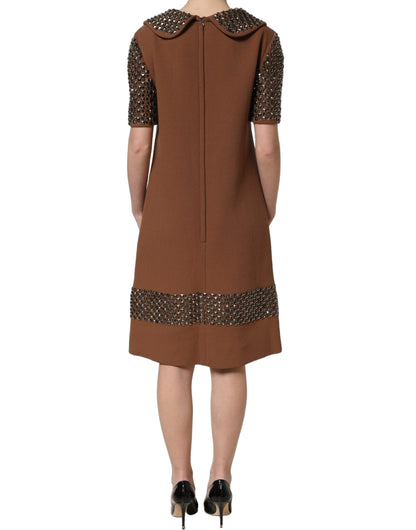 Dolce & Gabbana Braunes Wollkleid mit Strassbesatz, Midi-Länge