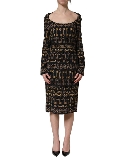 Dolce & Gabbana Schwarzes Etuikleid mit langem Arm und Schlüssel-Print