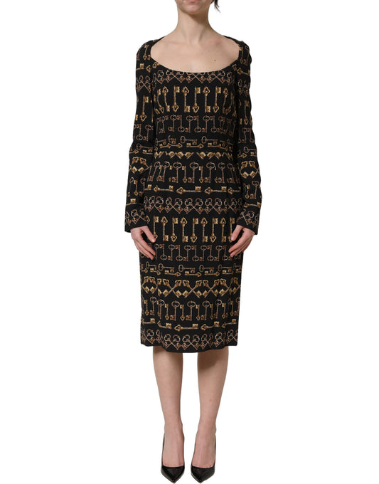 Dolce & Gabbana Schwarzes Etuikleid mit langem Arm und Schlüssel-Print