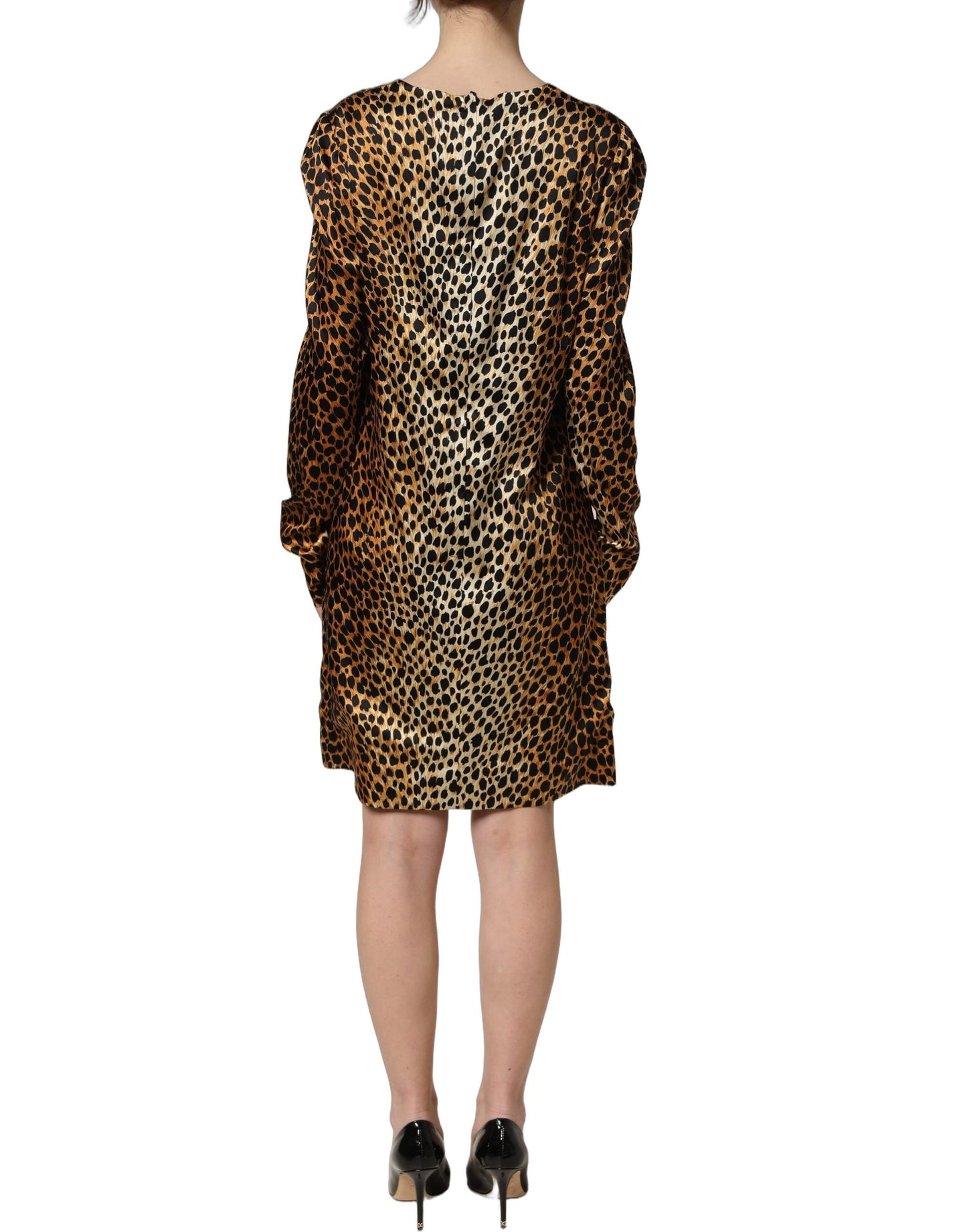 Dolce & Gabbana Braunes Mini-Kleid mit Ozelot-Print und langen Ärmeln