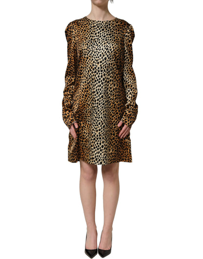 Dolce & Gabbana Braunes Mini-Kleid mit Ozelot-Print und langen Ärmeln