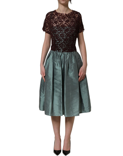 Dolce & Gabbana Mehrfarbiges Blumen-Spitzen-Taft-Midikleid mit Falten